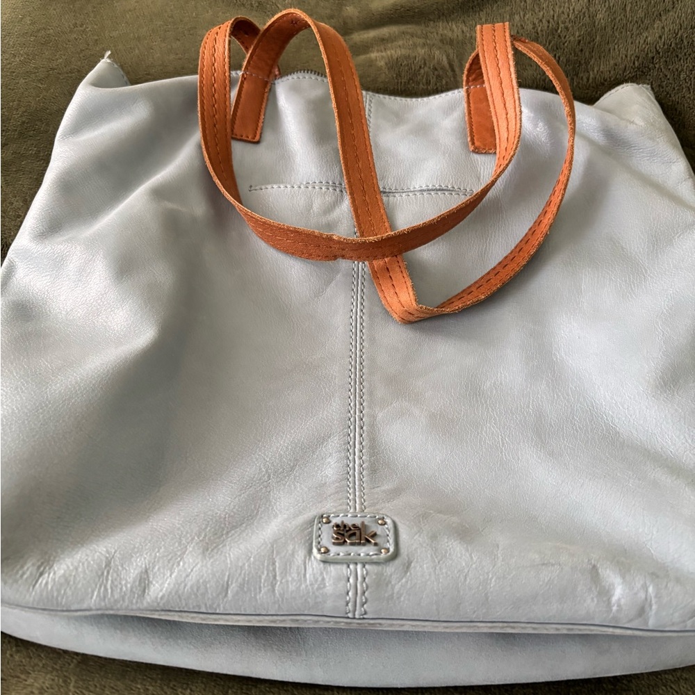 Day Tripper Totter Leather Bag Light Blue with Tan Straps & Magnetic Closure